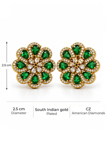 South Indian Gold Plated Green AD Floral Stud Earrings for Women