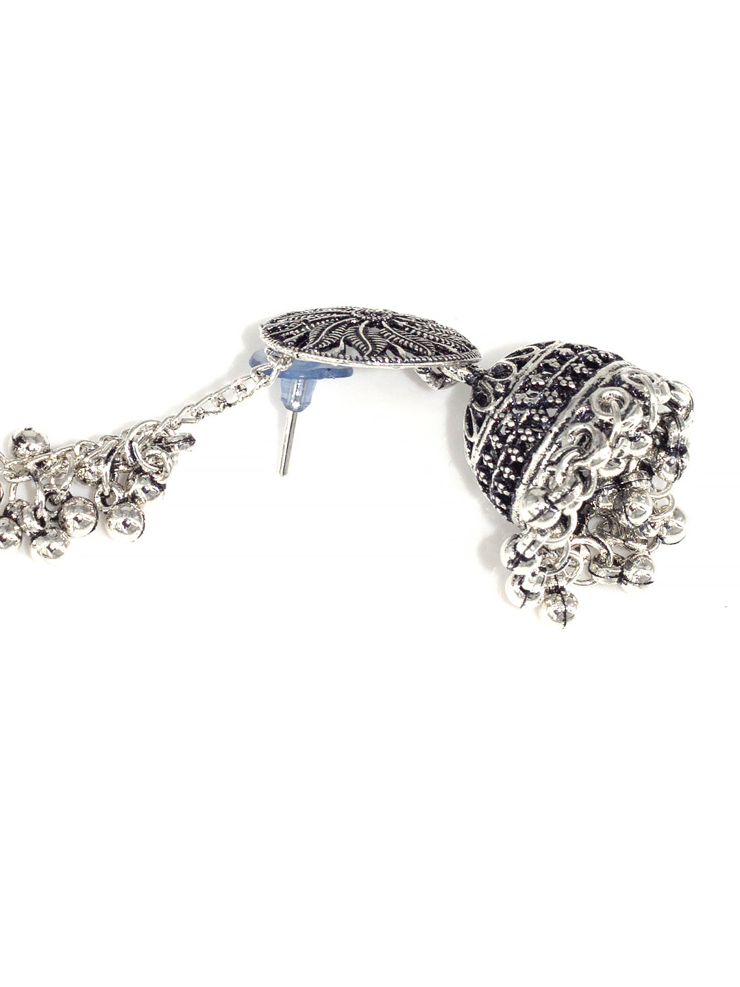Silver-Oxidised Floral Jhumka Earrings With Ear Chain