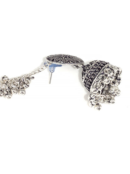 Silver-Oxidised Floral Jhumka Earrings With Ear Chain