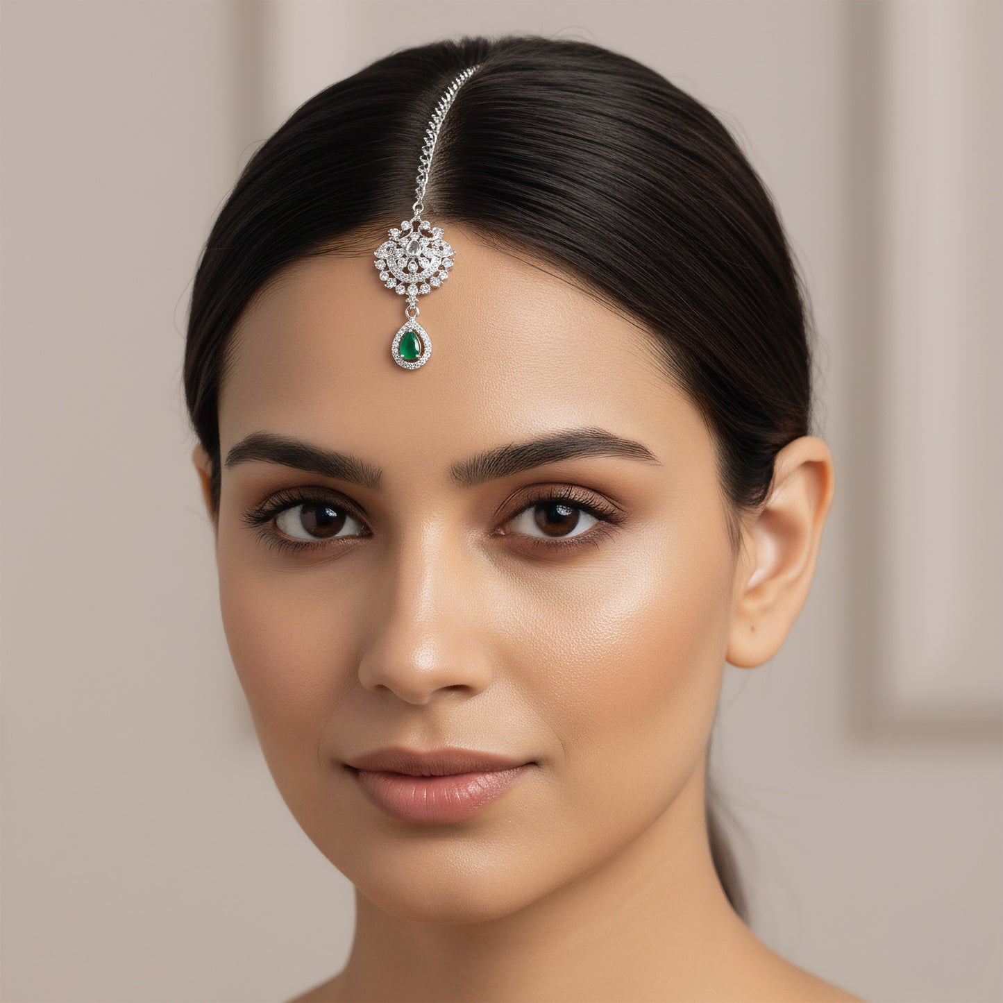 Silver Plated Green AD Maang Tikka for Women