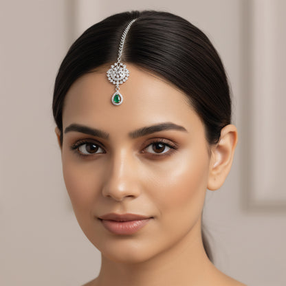 Silver Plated Green AD Maang Tikka for Women