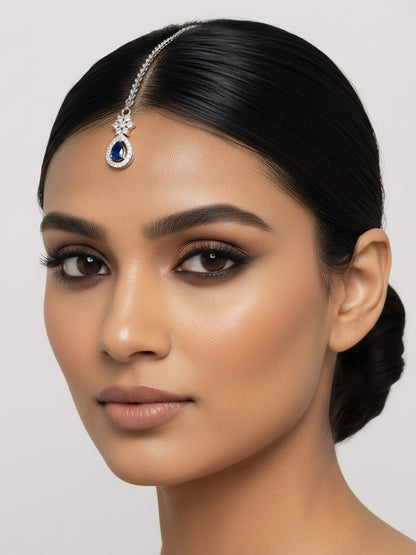 Rhodium Plated Blue AD Teardrop Maang Tikka
