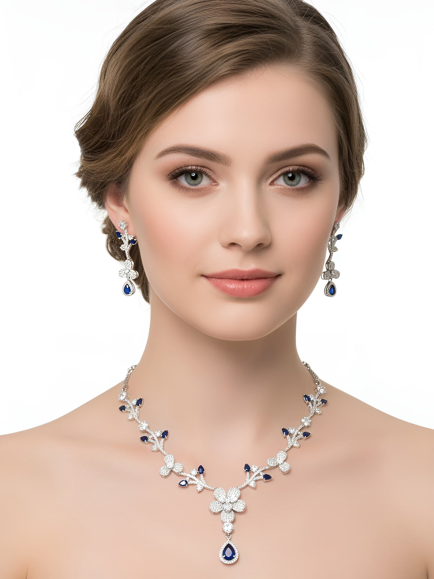 Silver Plated Blue & White American Diamond Designer Jewellery Set