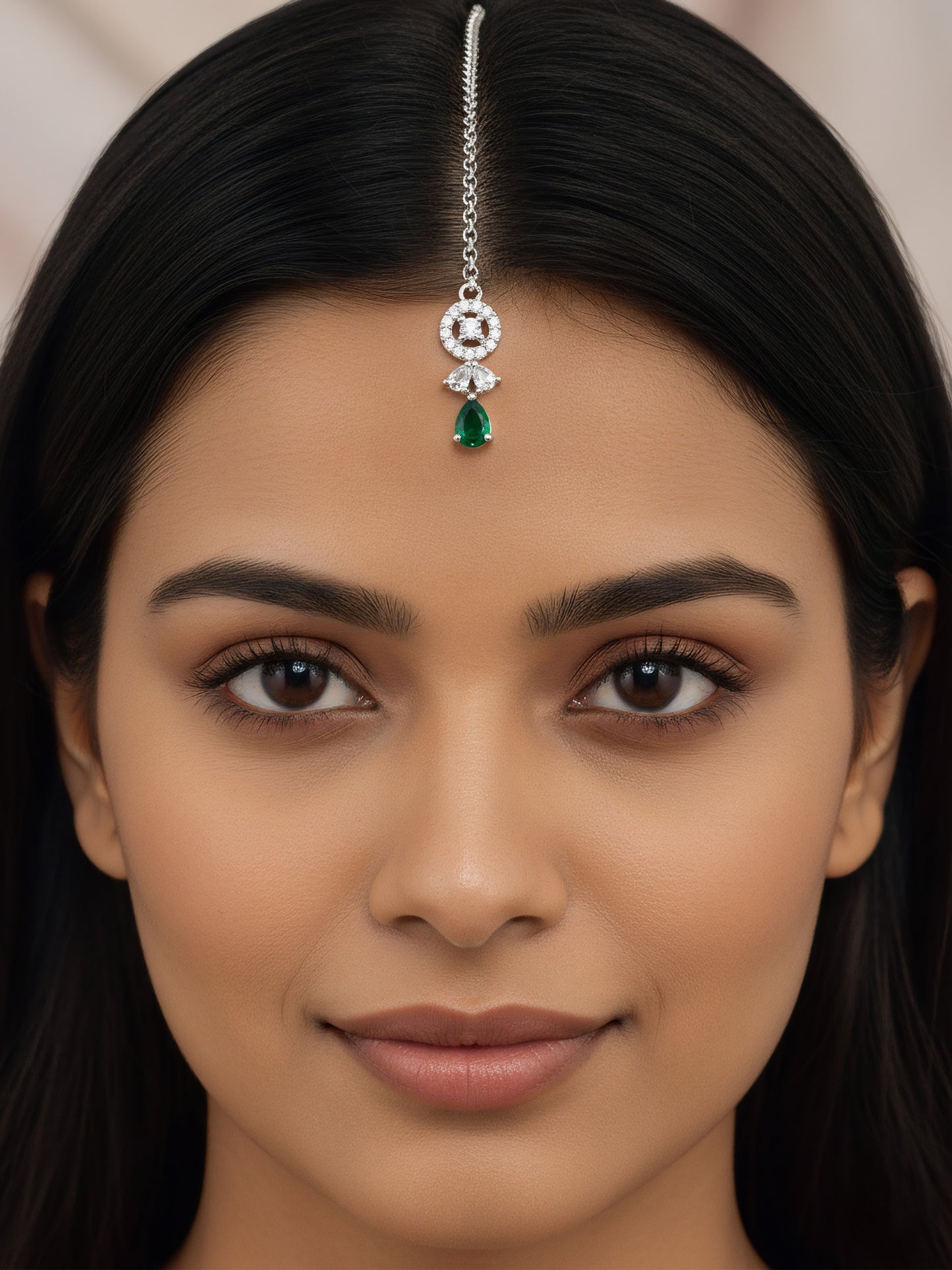 Rhodium Plated Green AD Maang Tikka for Women