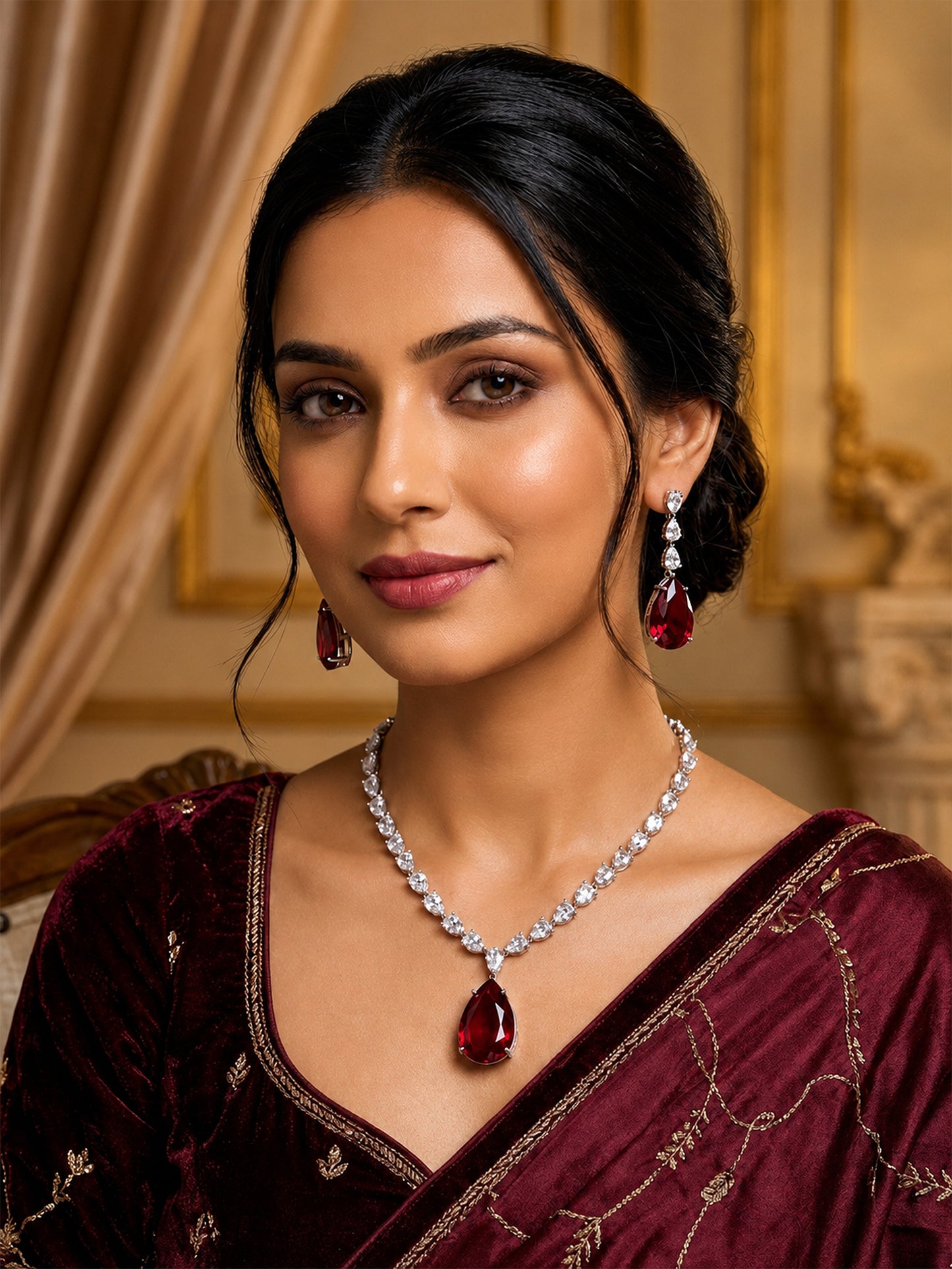 Silver Plated Red Teardrop AD Jewellery Set for Women