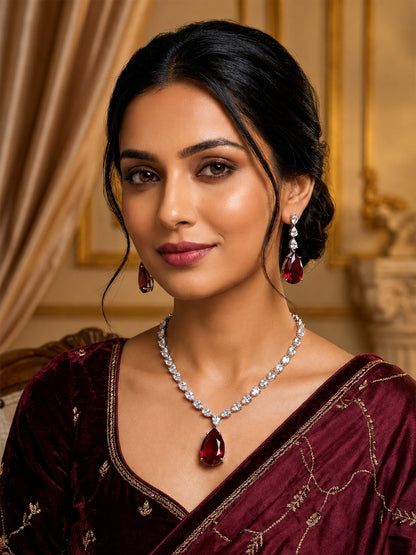 Silver Plated Red Teardrop AD Jewellery Set for Women
