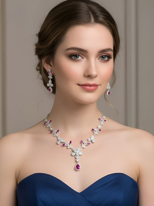 Silver Plated Red & White American Diamond Designer Jewellery Set