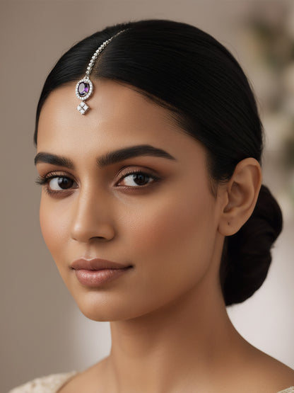 Silver Plated Purple AD Maang Tikka for Women