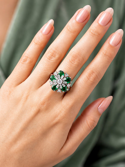 Rhodium Plated Green AD Floral Finger Ring for Women