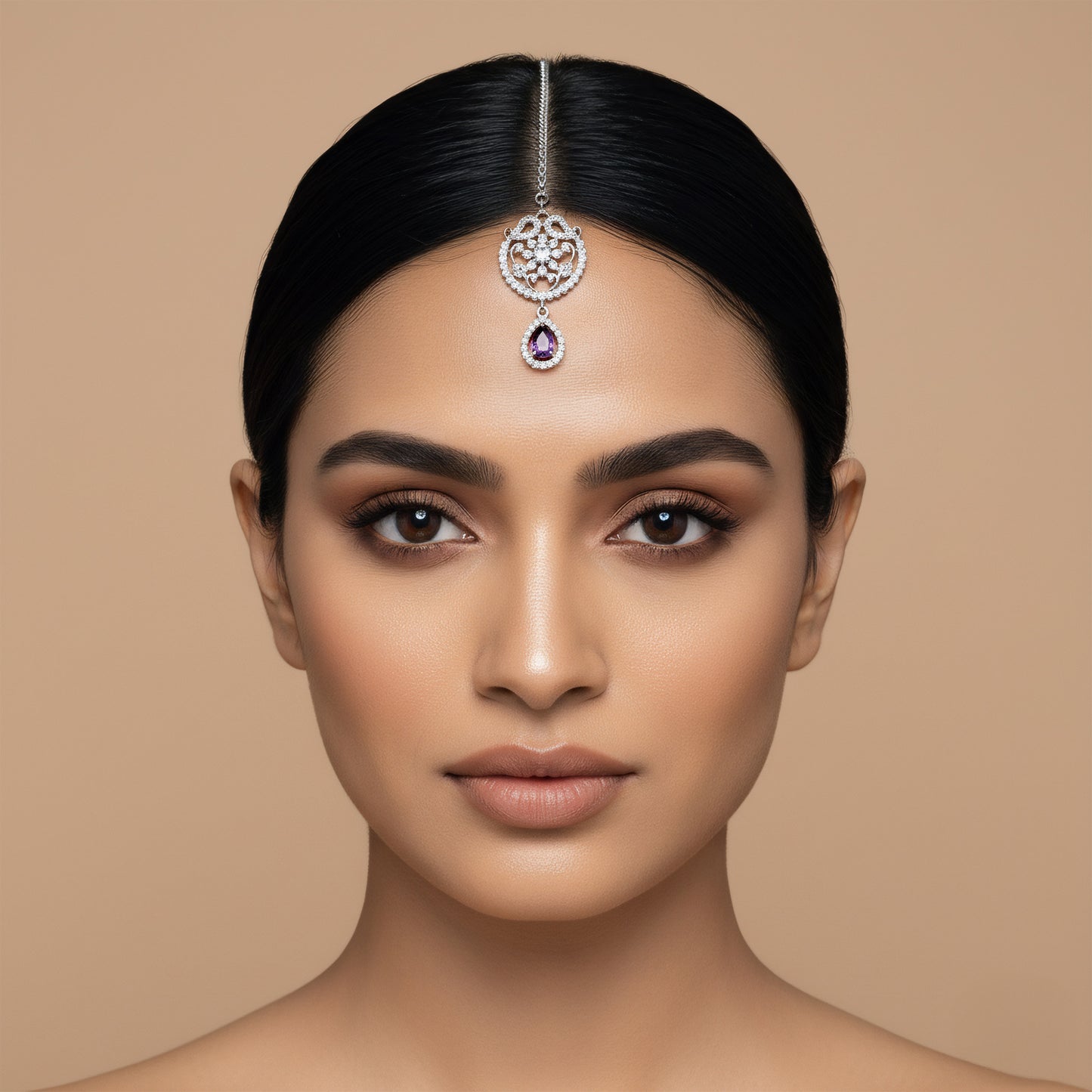 Silver Plated Purple AD Ethnic Maang Tikka for Women