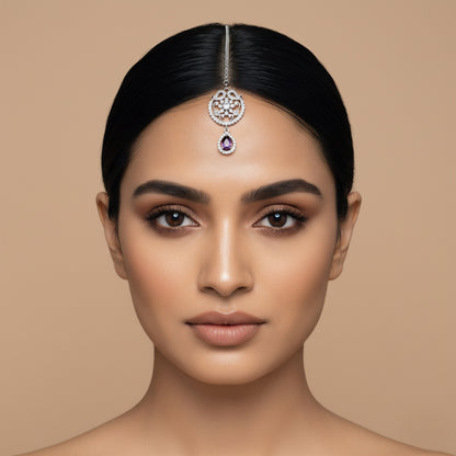 Silver Plated Purple AD Ethnic Maang Tikka for Women