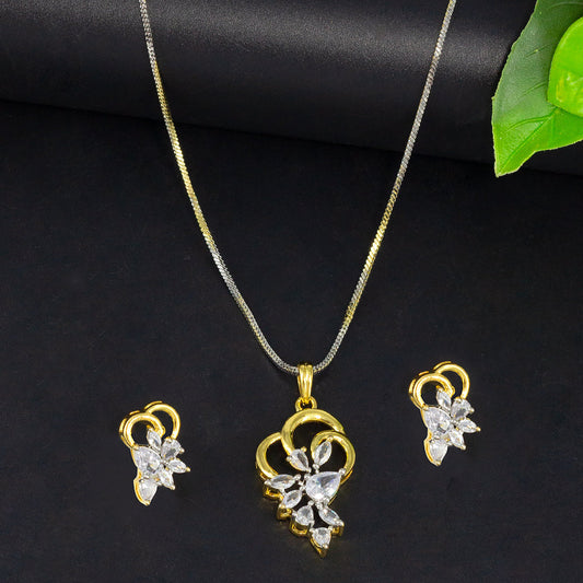 Gold Plated American Diamond Trendy Pendant & Earring Set