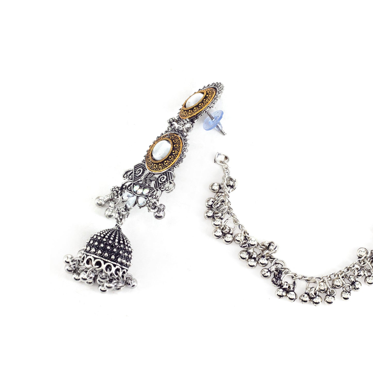 Silver Oxidised Jhumka Earring with Chain for Women