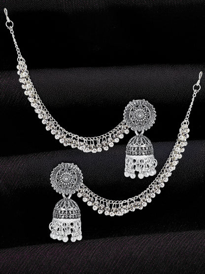 Silver-Oxidised Floral Jhumka Earrings With Hair Chain