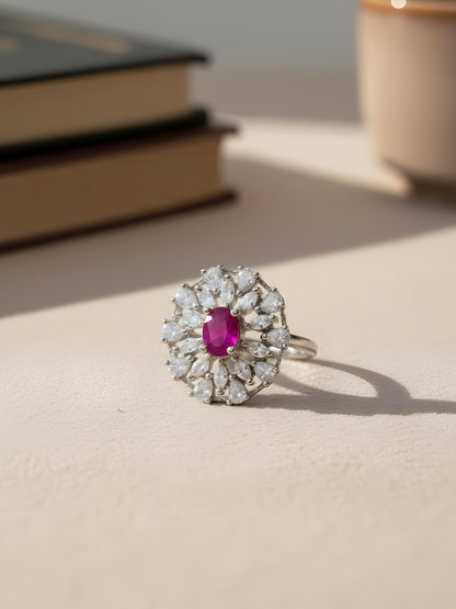 Silver Plated Red AD Floral Adjustable Ring for Women