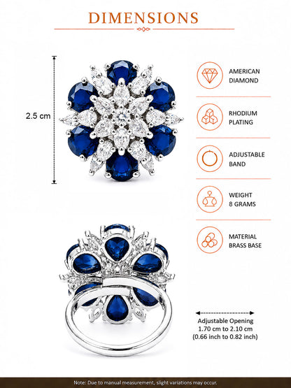 Rhodium Plated Blue AD Finger Ring for Women