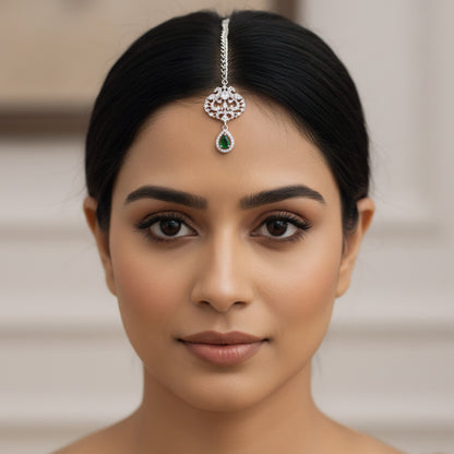 Silver Plated Green AD Peacock Maang Tikka for Women