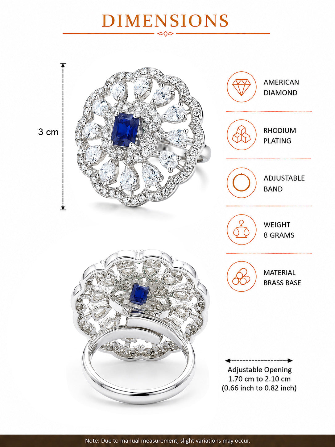 Rhodium Plated Blue AD Finger Ring for Women