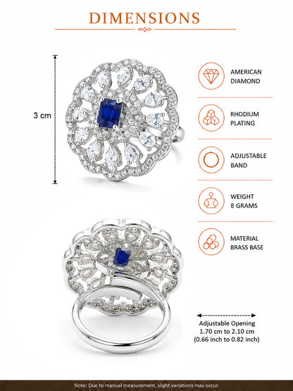 Rhodium Plated Blue AD Finger Ring for Women