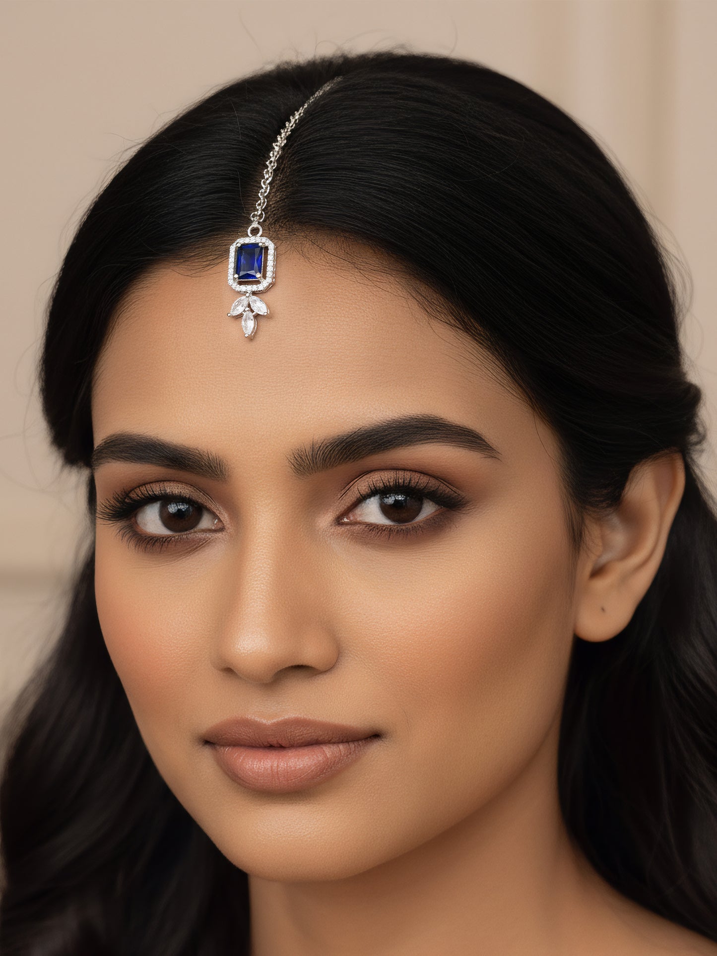 Rhodium Plated Blue AD Maang Tikka