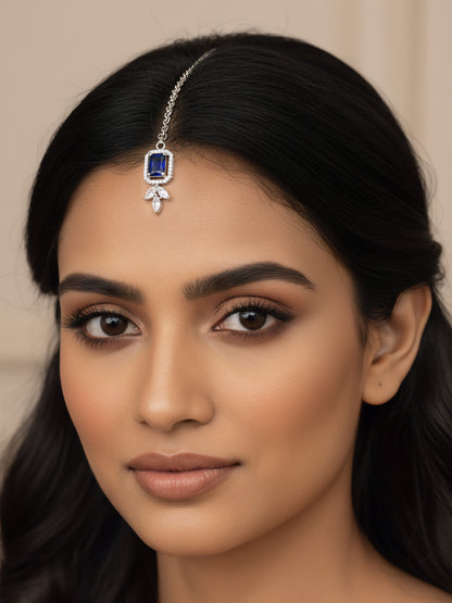 Rhodium Plated Blue AD Maang Tikka