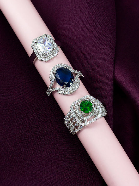 Pack of 3 AD-Studded Cocktail Adjustable Ring