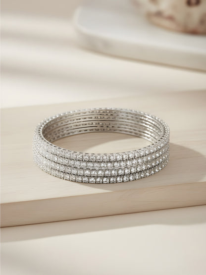 Set of 4 Silver Plated American Diamond Minimal Bangle Set for Women