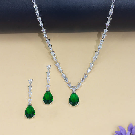 Rhodium Plated Green American Diamond Drop Trendy Jewellery Set