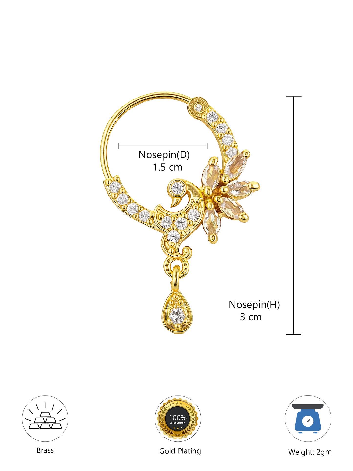 Gold Plated White AD Peacock Nose Ring for Women