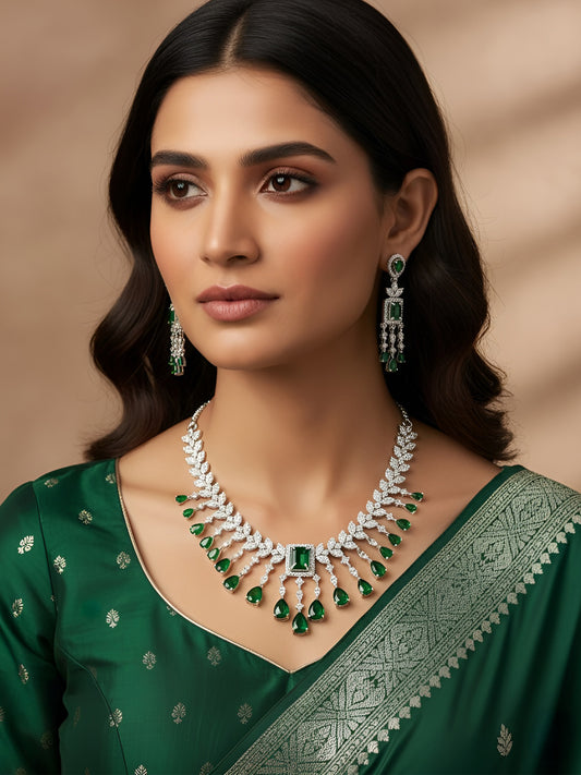 Silver Plated Green AD Studded Jewellery Set