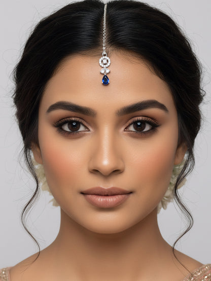 Silver Plated Blue AD Maang Tikka for Women