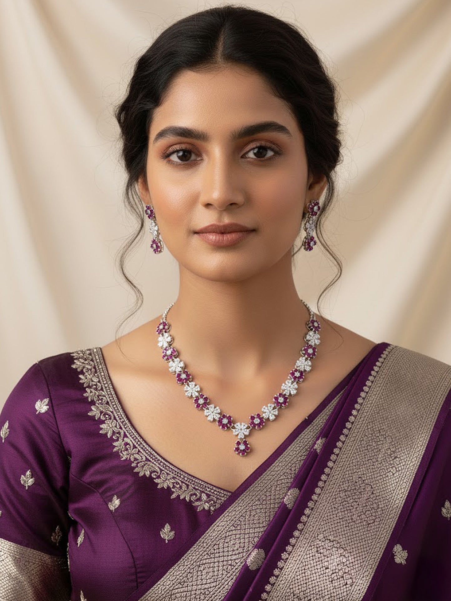 Rhodium Plated Ruby American Diamond Studded Floral Jewellery Set