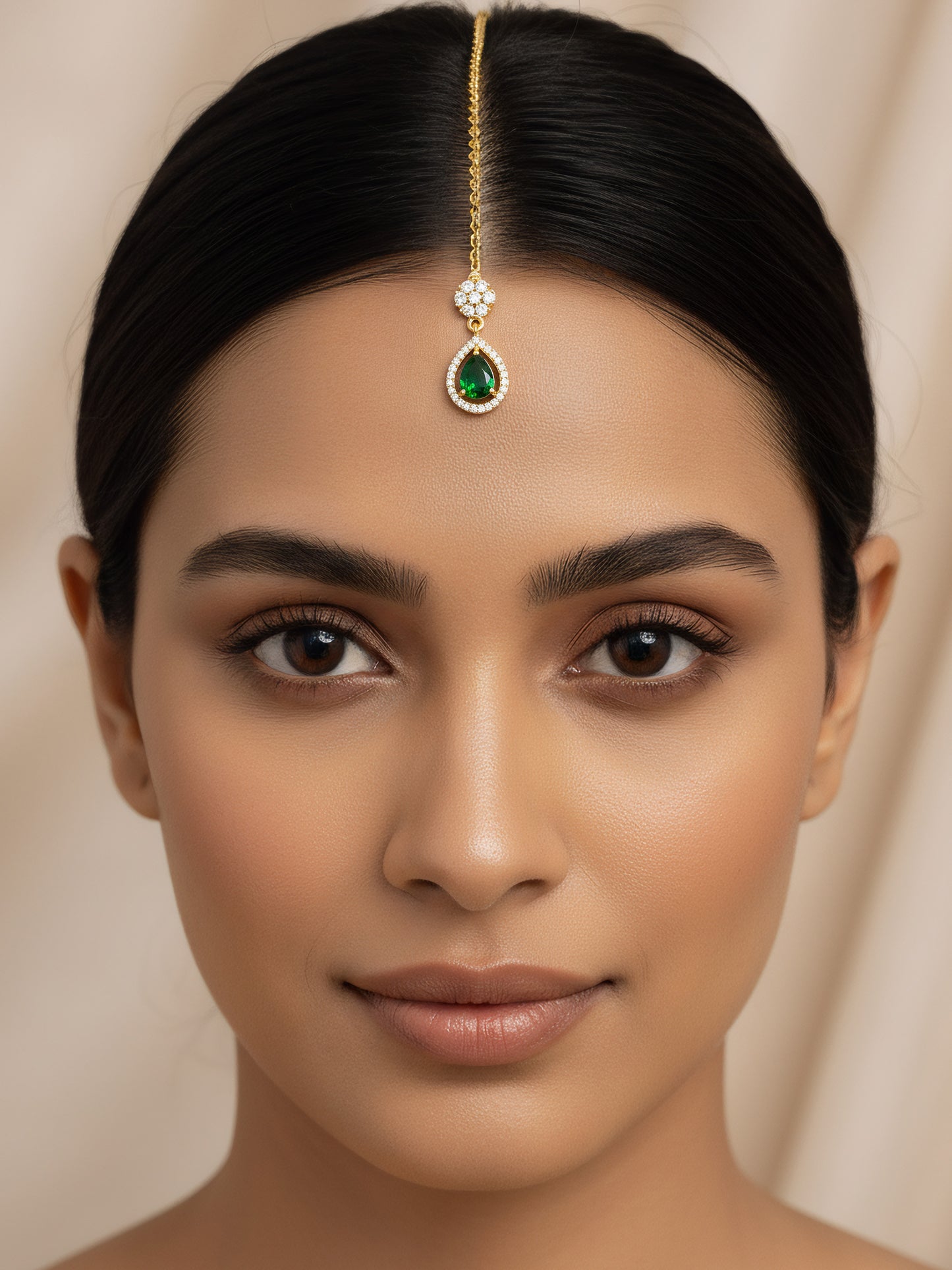 Gold Plated Green AD Teardrop Maang Tikka for Women