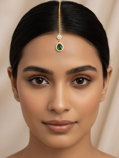 Gold Plated Green AD Teardrop Maang Tikka for Women