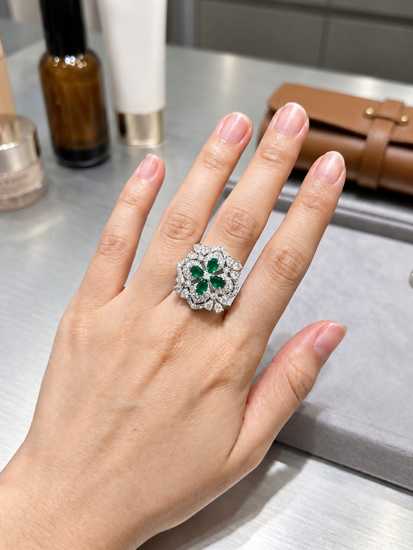 Rhodium Plated Green AD Floral Finger Ring for Women