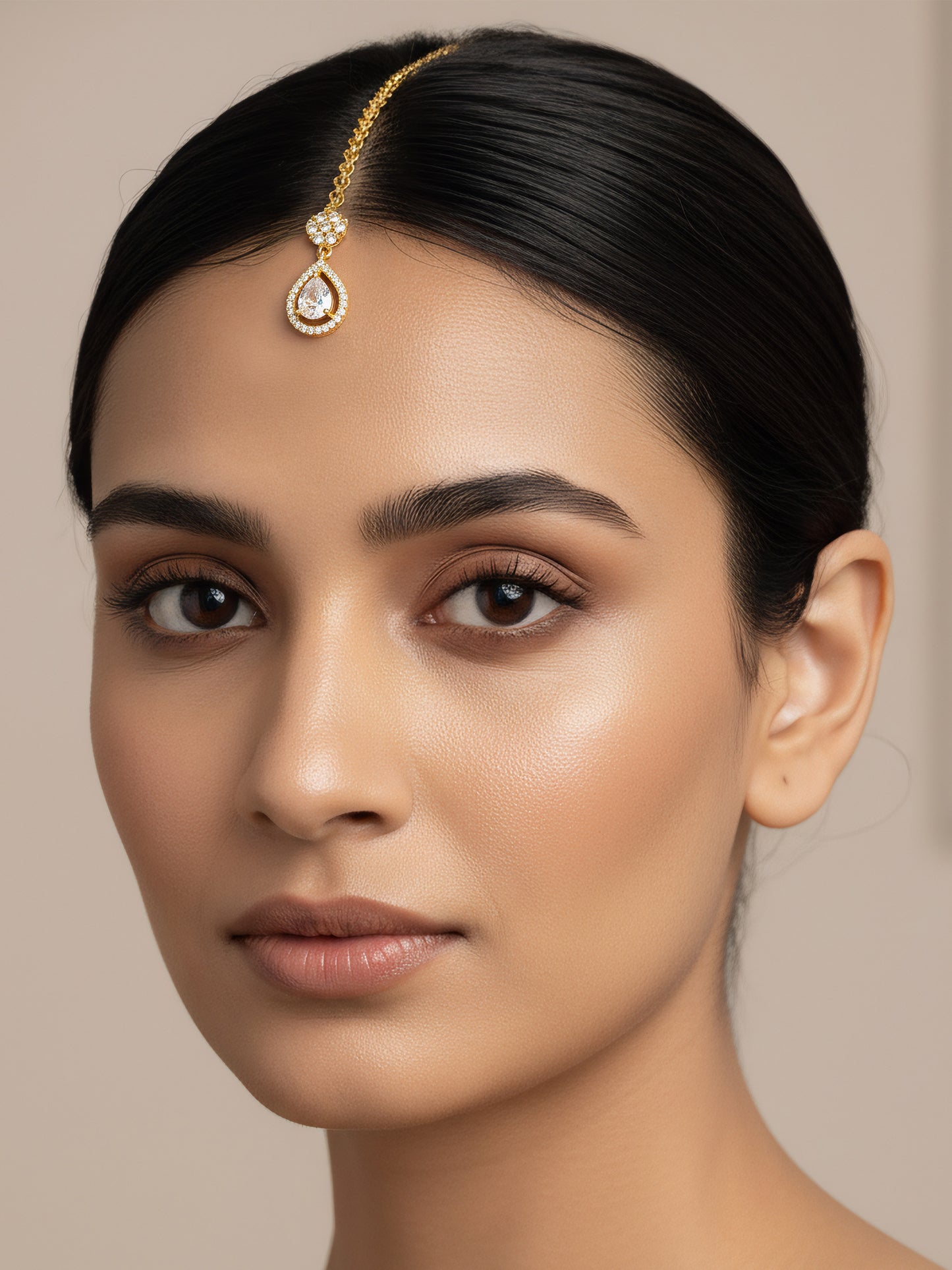 Gold Plated White AD Teardrop Maang Tikka for Women
