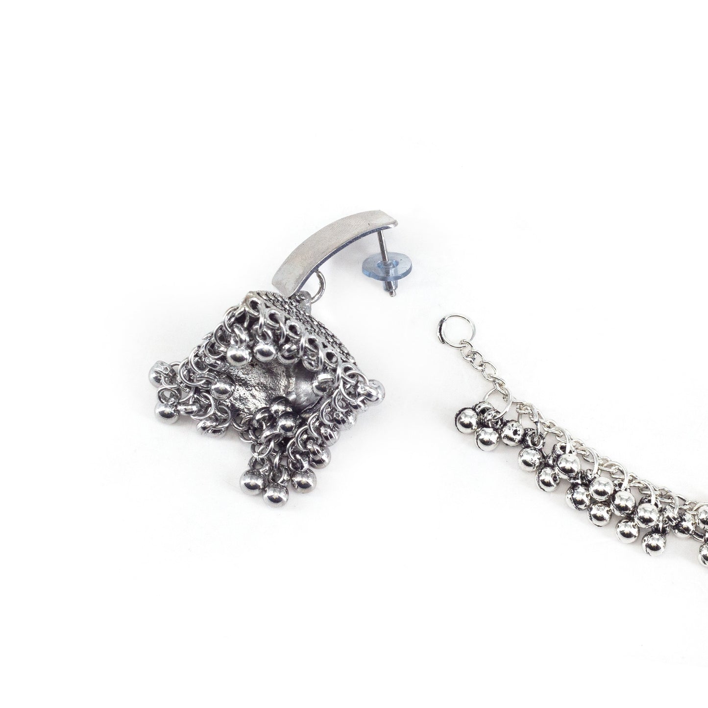 Silver Oxidised Jhumka Earring with Chain for Women