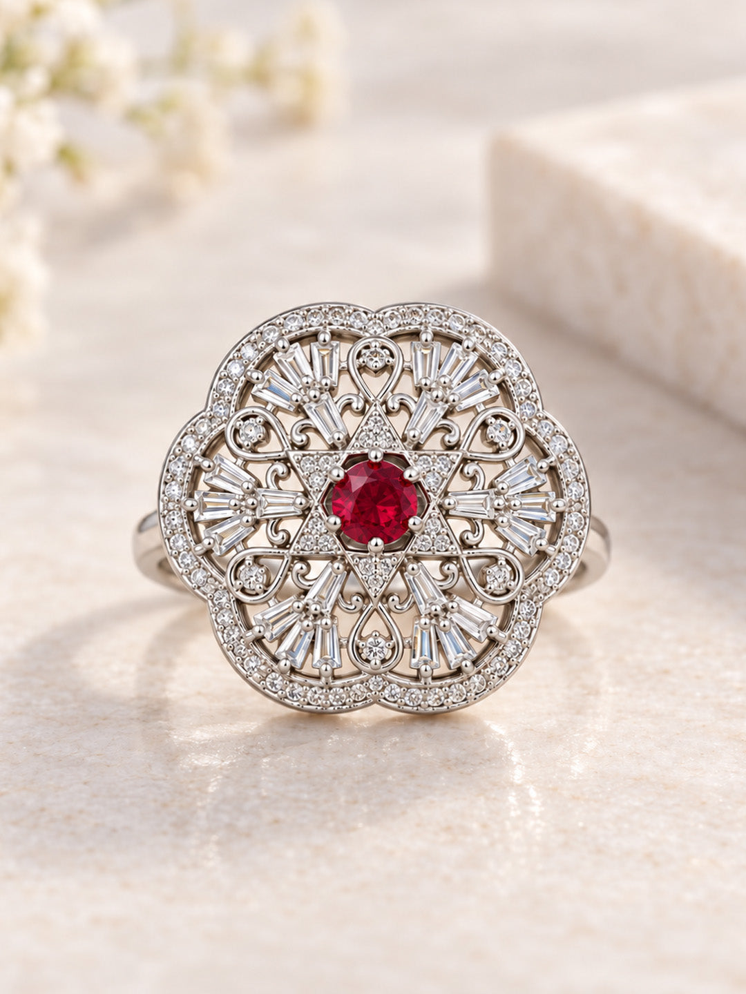 Silver Plated Red AD Finger Ring for Women