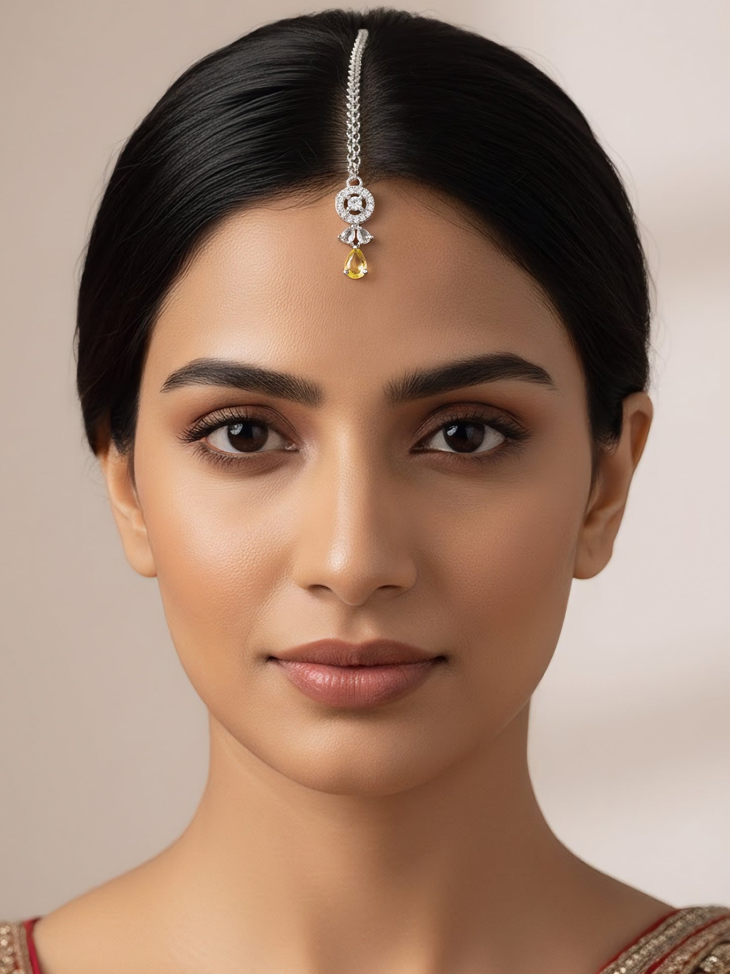 Silver Plated Yellow AD Maang Tikka for Women