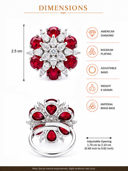 Rhodium Plated Red AD Finger Ring for Women