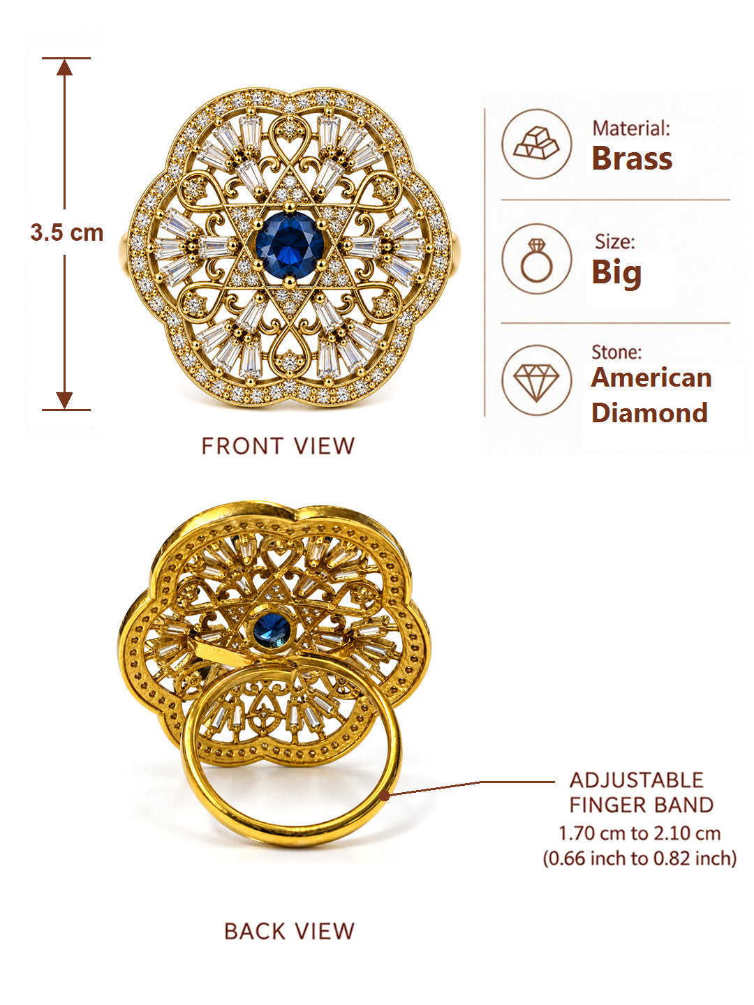 Antique Gold Plated Blue AD Finger Ring for Women