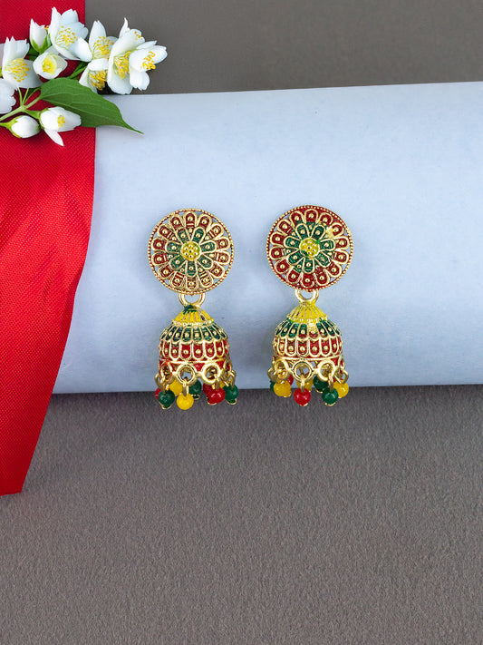 Gold Plated Floral Circular Multi Color Artificial Beaded Jhumki Earrings