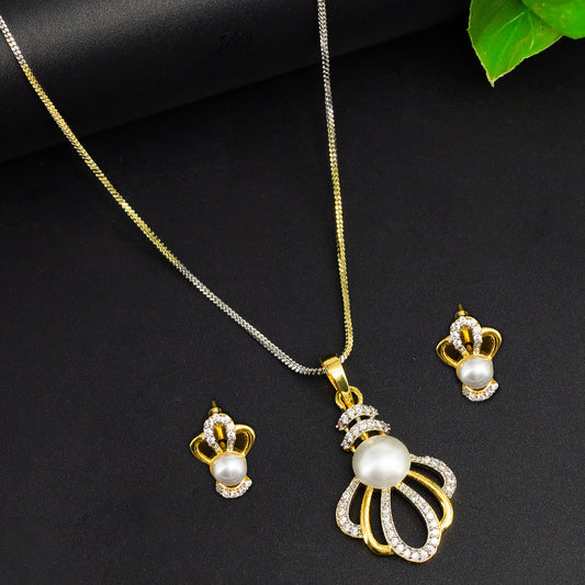 Gold Plated American Diamond Crown Trendy Pendant & Earring Set