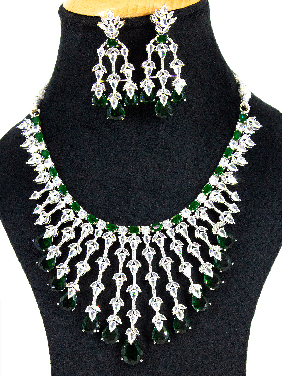Silver Plated Green American Diamond Semi-Bridal Jewellery Set