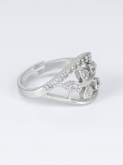 Rhodium Plated American Diamond Leaf Traditional Adjustable Ring for Women