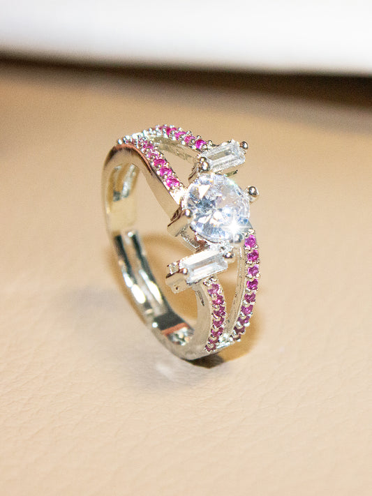 Silver-Plated American-Diamond Studded Adjustable Finger Ring