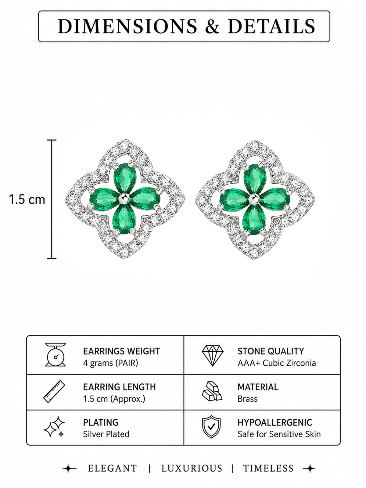 Rhodium Plated Green AD Stud Earrings for Women