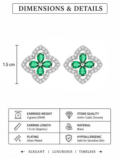 Rhodium Plated Green AD Stud Earrings for Women
