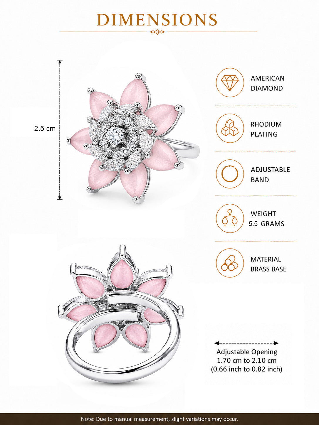 Rhodium Plated Pink AD Floral Finger Ring for Women
