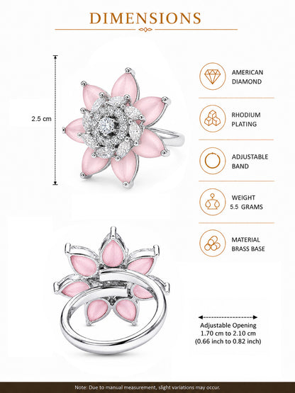 Rhodium Plated Pink AD Floral Finger Ring for Women